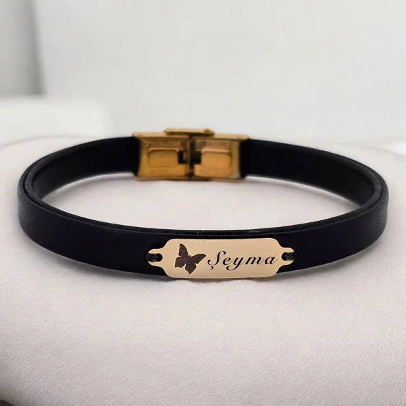 14 Ayar Altın Plakalı İsme Özel Doğal Siyah Derili Kelebek Figürlü Hediye Bileklik-646 ürün görseli