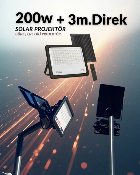 Aydınlatma Direği 200W Solar Led Projektör 220v + 3m. Montaja Hazır sokak Aydınlatma Lamba Direği