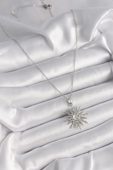 pilelistore 316L Çelik Gümüş Renk Zincir Zirkon Taşlı Yıldız Model Sedefli Ay İşleme Detay Kadın Kolye - TJ-BKO9631 - Resim 2