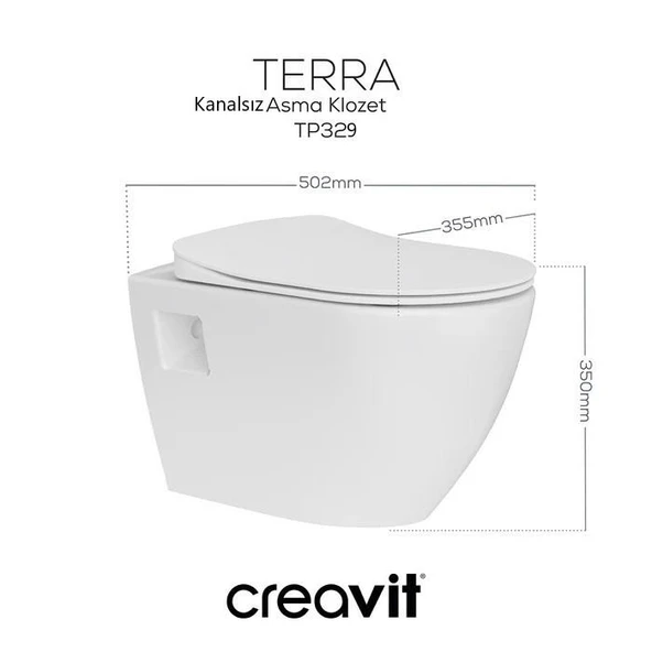 Creavit Terra Rim-Off Kanalsız Asma Klozet (TP329.00) + Duck TP Yavaş Kapanan Kapak 2'li Set - Resim 3