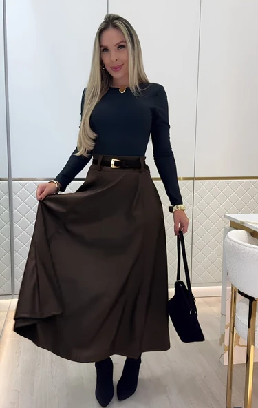 Kadın Yüksek Belli Maxi Deri Kemersiz Etek - Resim 4