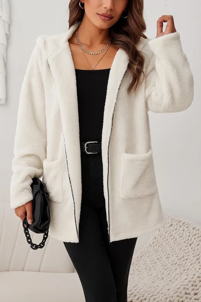 Kadın Uzun Kollu Kapşonlu önden Fermuarlı Cepli Welsoft Ceket - Resim 3