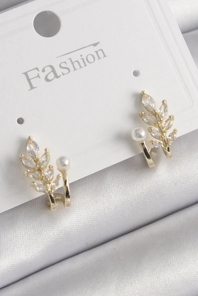 pilelistore Pirinç Gold Renk Zirkon Taşlı Yaprak Model İnci Detay Küpe - TJ-BKP9959