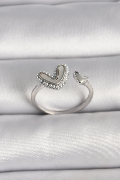 pilelistore Pirinç Gümüş Renk Beyaz Mineli İnci Detaylı Kalp Model Ayarlanabilir Yüzük - TJ-BYK3536