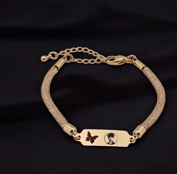 14 Ayar Altın Plakalı Sembole Özel Hasır Kordonlu Kelebek Motifli Hediye Bileklik-647 ürün görseli