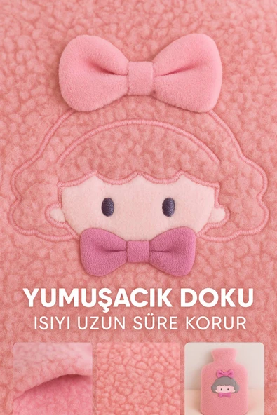 Pembe Peluş Sıcak Su Torbası – Yumuşak, Güvenli ve Şık Saçlı Kız Model, 1 Litre - 3