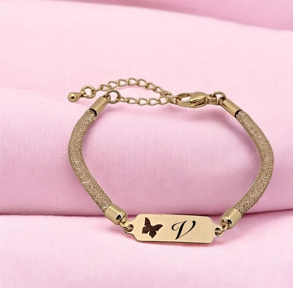 14 Ayar Altın Plakalı Harfe Özel Kelebek Motifli Hasır Kordonlu Hediye Bileklik-647 ürün görseli