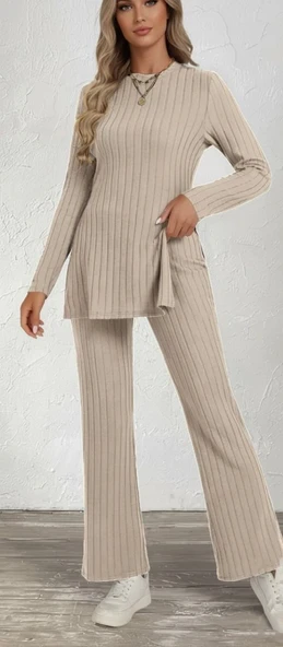 Kadın Uzun Kollu Bisiklet Yaka Yandan Yırtmaçlı şardonlu Kaşkorse Bluz Ve Pantolon Ikili Takım - 2