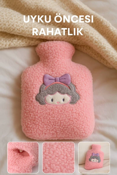 Pembe Peluş Sıcak Su Torbası – Yumuşak, Güvenli ve Şık Saçlı Kız Model, 1 Litre - 4