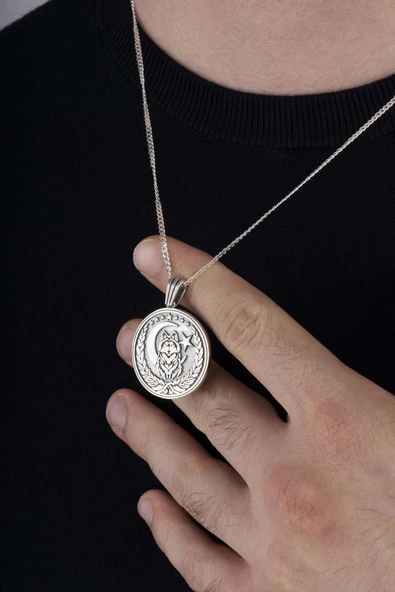 Gümüş Pazarım Bozkurt Ve Ay Yıldızlı 925 Ayar Gümüş Kolye