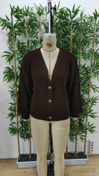 Kadın Uzun Kollu Düğme Detay Triko Hırka - 7