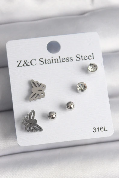 pilelistore 316L Çelik Gümüş Renk Zirkon Taşlı Kelebek Model Kadın Küpe Seti - TJ-BKP10008