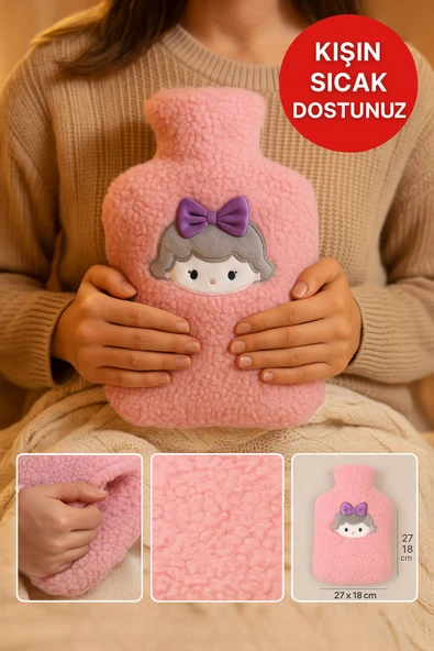 Pembe Peluş Sıcak Su Torbası – Yumuşak, Güvenli ve Şık Saçlı Kız Model, 1 Litre