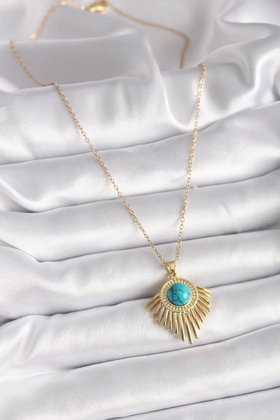 pilelistore 316L Çelik Gold Renk Zincir Mavi Boncuk Güneş Model Kadın Kolye - TJ-BKO9502 - Resim 2