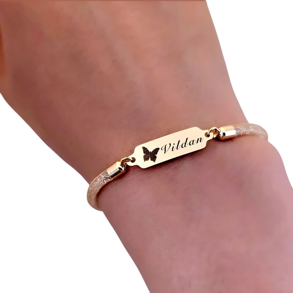 14 Ayar Altın Plakalı İsme Özel Hasır Kordonlu Kelebek Motifli Hediye Bileklik-647 - Resim 3