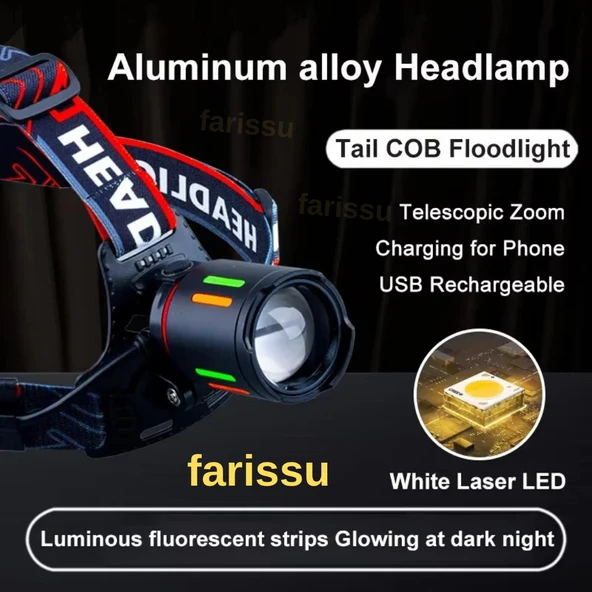 Alaska Profesyonel 30W Lazer LED Şarjlı Kafa Lambası | 1 KM Menzil | Zoom + Powerbank Özellikli - 6