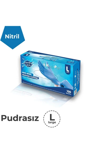 HAS-PET Nitril Mavi Muayene Eldiveni Large 100’lü | Pudrasız Tek Kullanımlık Hijyenik Eldiven - Resim 2