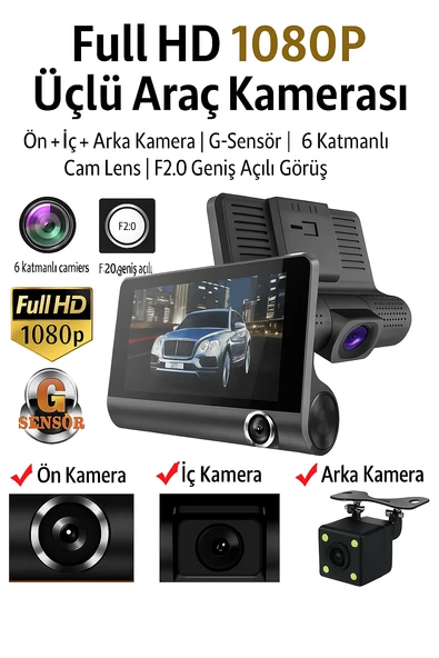 Full HD 1080P Üçlü Araç Kamerası  Ön  İç  Arka Kamera G-Sensör Geniş Açılı Görüş