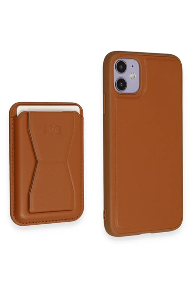 iPhone 11 Kılıf HD Deri Luxury Magnet Kartvizitli Kapak - Kahverengi - Resim 6