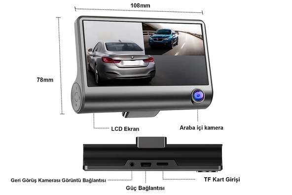 Full HD 1080P Üçlü Araç Kamerası  Ön  İç  Arka Kamera G-Sensör Geniş Açılı Görüş - 2