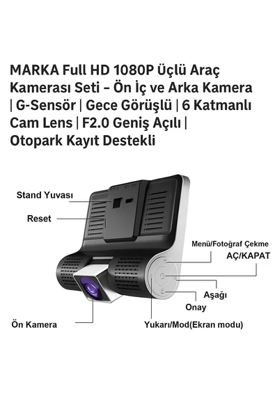 Full HD 1080P Üçlü Araç Kamerası  Ön  İç  Arka Kamera G-Sensör Geniş Açılı Görüş - 4