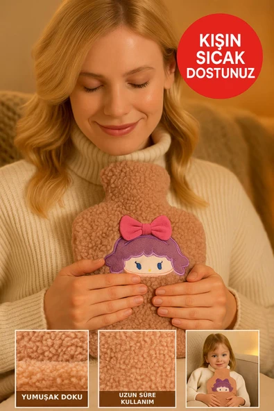 Kahverengi Peluş Sıcak Su Torbası – Yumuşak, Güvenli ve Şık Saçlı Kız Model, 1 Litre