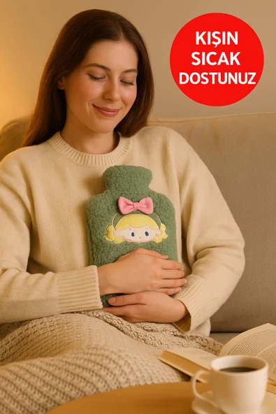 Yeşil Peluş Sıcak Su Torbası – Yumuşak, Güvenli ve Şık Saçlı Kız Model, 1 Litre - 5