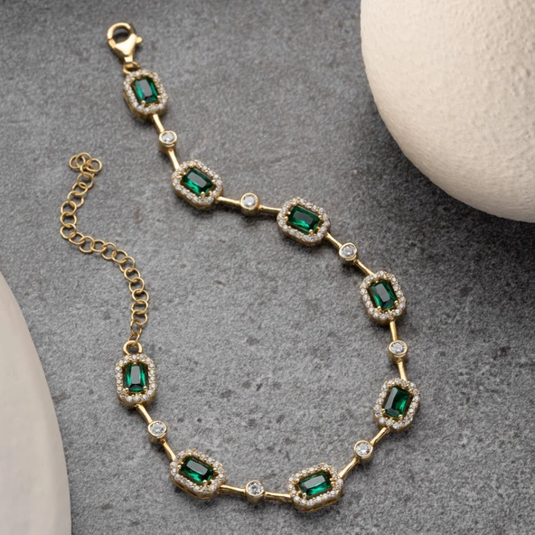 Kadın 925 Ayar Gümüş Zümrüt Taşlı Zarif Bileklik - Resim 4