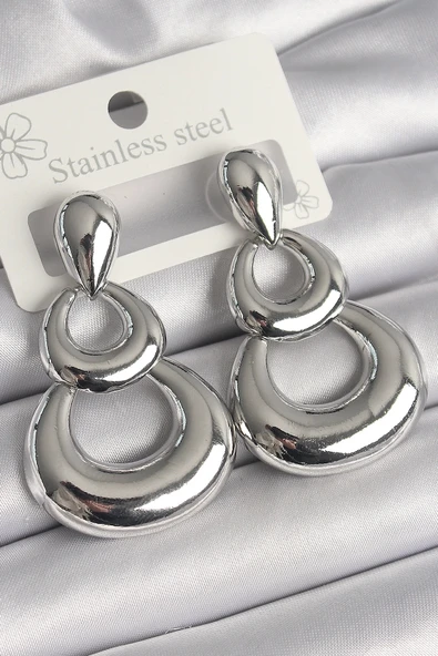 pilelistore Pirinç Gümüş Renk Damla Detay Sallantı Halka Model Kadın Küpe - TJ-BKP10228