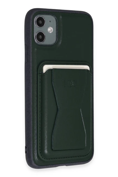 iPhone 11 Kılıf HD Deri Luxury Magnet Kartvizitli Kapak - Koyu Yeşil ürün görseli 1