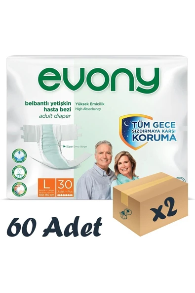EVONY Bel Bantlı Yetişkin Hasta Bezi Large 30lu 2 Paket 60 Adet ürün görseli