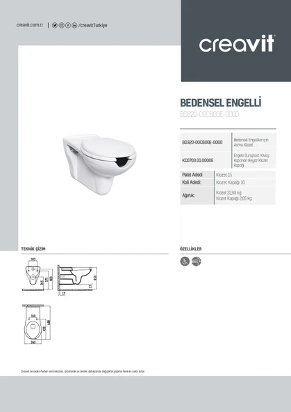 Creavit Bedensel Engelli Asma Klozet 1.Kalite (BD320.02) + Engelli Yavaş Kapanan Kapak 2'li Set - 6