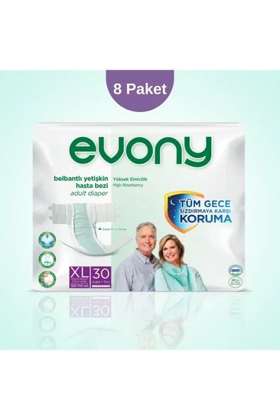 EVONY Belbantlı Hasta Bezi XL Beden – 8 Paket (Toplam 240 Adet) ürün görseli