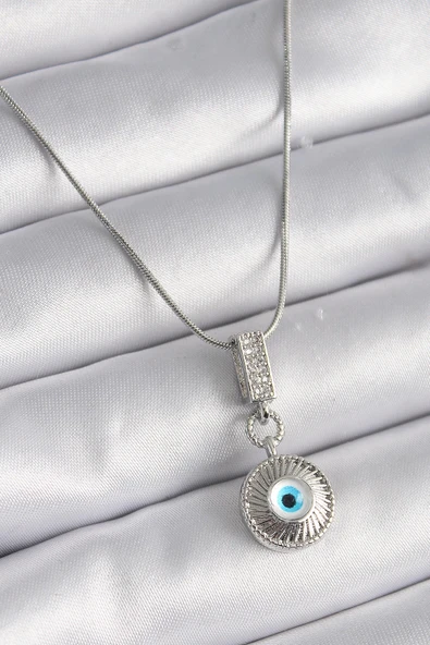 pilelistore 316L Çelik Gümüş Renk Zirkon Taşlı Nazar Boncuk Model Kadın Kolye - TJ-BKO9523 ürün görseli