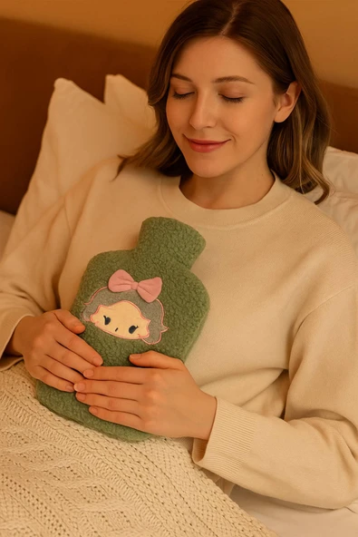 Yeşil Peluş Sıcak Su Torbası – Yumuşak, Güvenli ve Şık Saçlı Kız Model, 1 Litre - 4