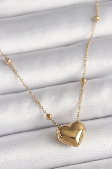 pilelistore 316L Çelik Gold Renk Topçuk Detaylı Zincir Kalp Model Kadın Kolye - TJ-BKO9772