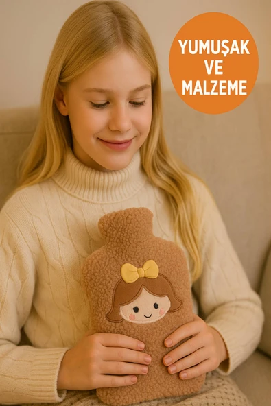 Kahverengi Peluş Sıcak Su Torbası – Yumuşak, Güvenli ve Şık Saçlı Kız Model, 1 Litre - 2