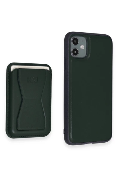 iPhone 11 Kılıf HD Deri Luxury Magnet Kartvizitli Kapak - Koyu Yeşil - Resim 2