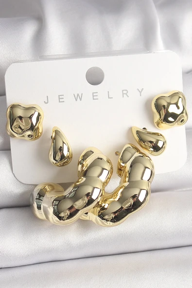 pilelistore Gold Renk Yonca Damla Halka Model CCB Plastik Kadın Küpe Seti - TJ-BKP10028 ürün görseli 1