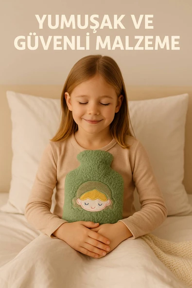 Yeşil Peluş Sıcak Su Torbası – Yumuşak, Güvenli ve Şık Saçlı Kız Model, 1 Litre - 6