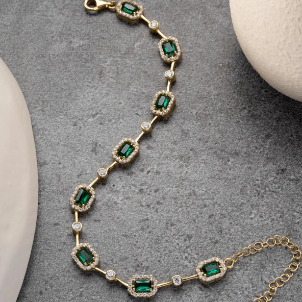 Kadın 925 Ayar Gümüş Zümrüt Taşlı Zarif Bileklik - Resim 2