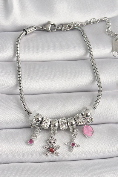 pilelistore 316L Çelik Gümüş Renk Zincir Sallantı Zirkon Taşlı Ayıcık Figür Yıldız Detay Kadın Bileklik - TJ-BB6705