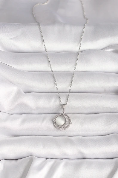 pilelistore 316L Çelik Gümüş Renk Zirkon Taşlı Beyaz Sedefli Hilal Model Kadın Kolye - TJ-BKO9702 - Resim 2