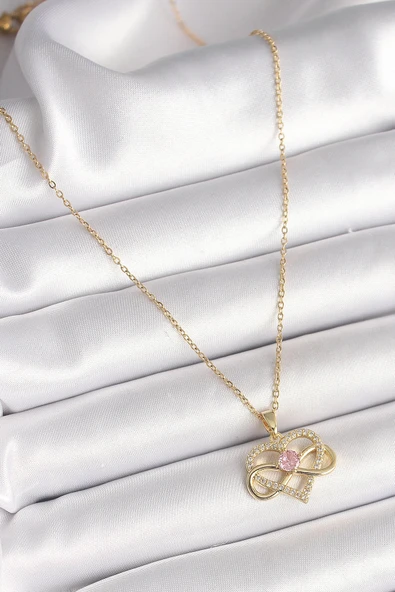 pilelistore 316L Çelik Gold Renk Zincir Zirkon Taşlı Sonsuzluk Kalp Model Kadın Kolye - TJ-BKO9865 - 2