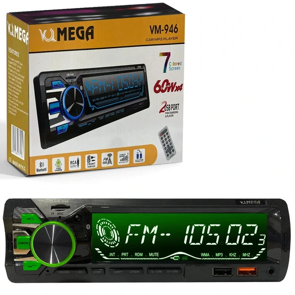 Mega Vm-946 Oto Teyp 4x60 Watt Bluetooth Büyük Ekran 2xusb Sd Fm Aux 7 Renk Ekranlı - 2