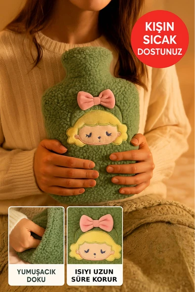 Yeşil Peluş Sıcak Su Torbası – Yumuşak, Güvenli ve Şık Saçlı Kız Model, 1 Litre