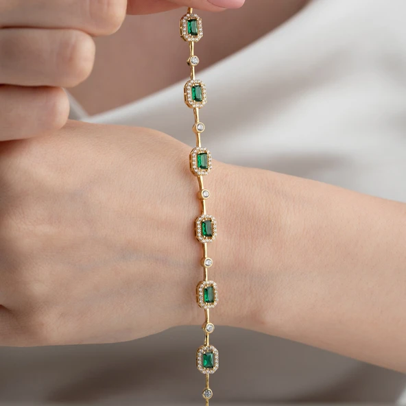 Kadın 925 Ayar Gümüş Zümrüt Taşlı Zarif Bileklik - Resim 5