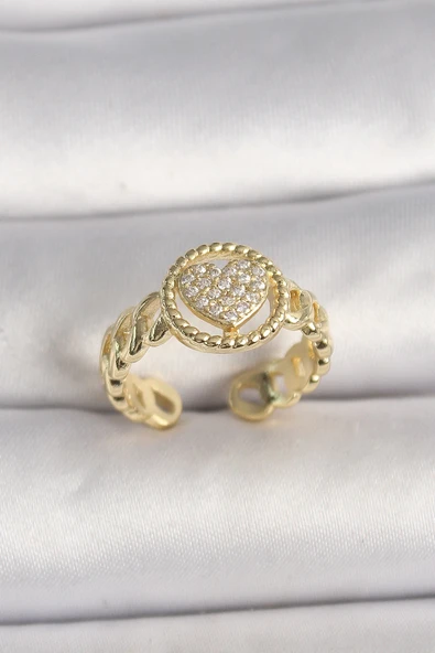 pilelistore Pirinç Gold Renk Ayarlanabilir Zirkon Taşlı Kalp Model Kadın Yüzük - TJ-BYK3604