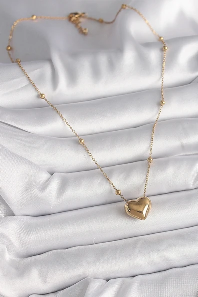pilelistore 316L Çelik Gold Renk Topçuk Detaylı Zincir Kalp Model Kadın Kolye - TJ-BKO9772 - 2