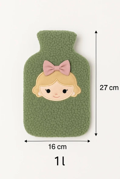 Yeşil Peluş Sıcak Su Torbası – Yumuşak, Güvenli ve Şık Saçlı Kız Model, 1 Litre - 7